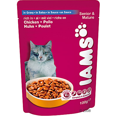 iams senior & mature 6 x 100 g     kip in saus